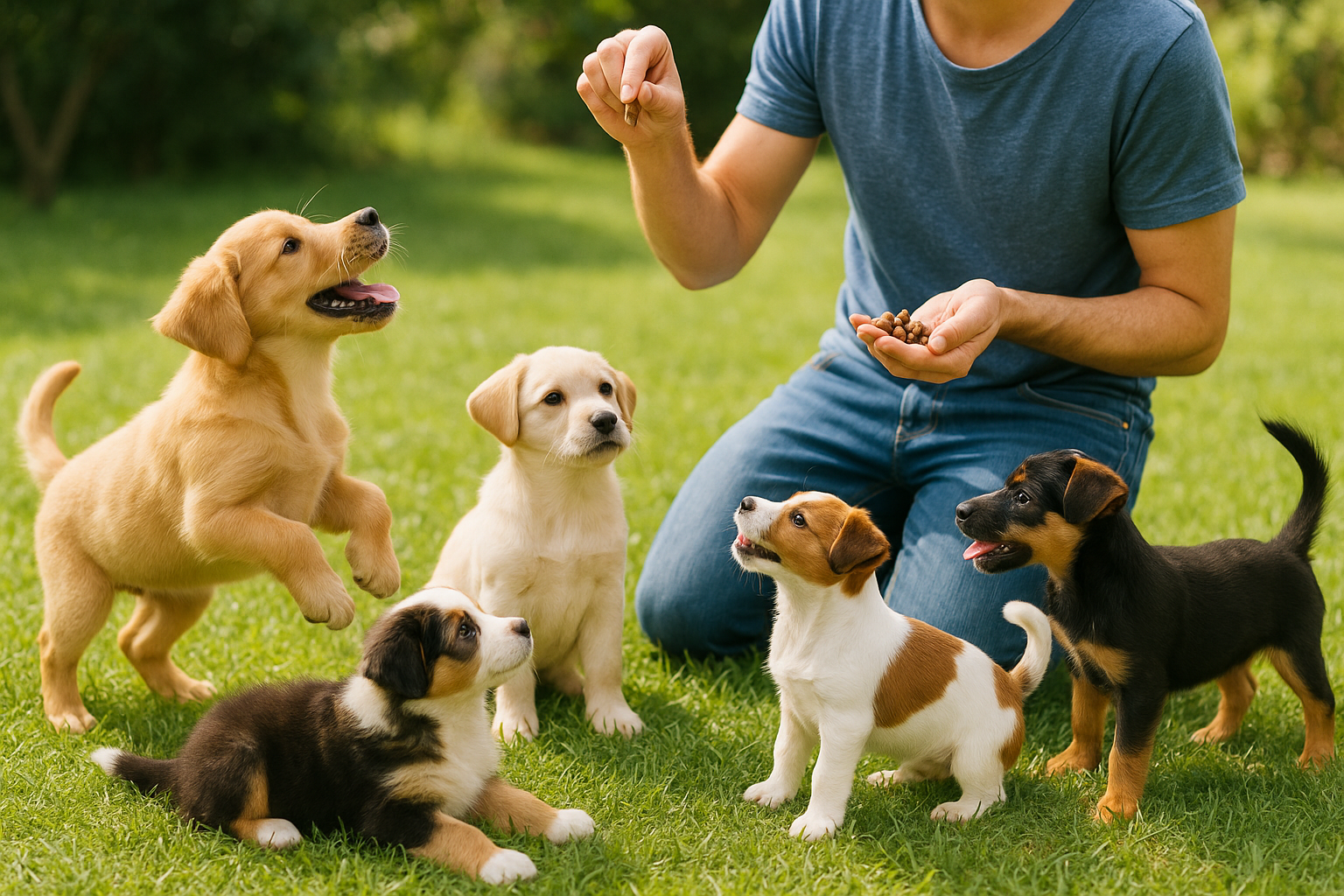 puppies playing and being trained by their owner with treats